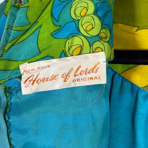 Vintage 1960s Psychedelic Shift Dress Blue Green Yellow Floral Tropical Print - Picture 6 of 16
